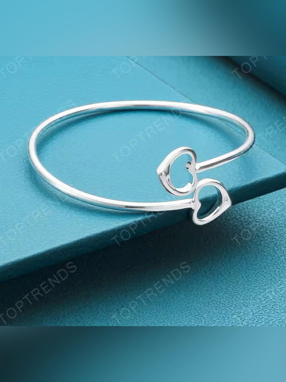Double Heart Open Bangle Bracelet – Silver